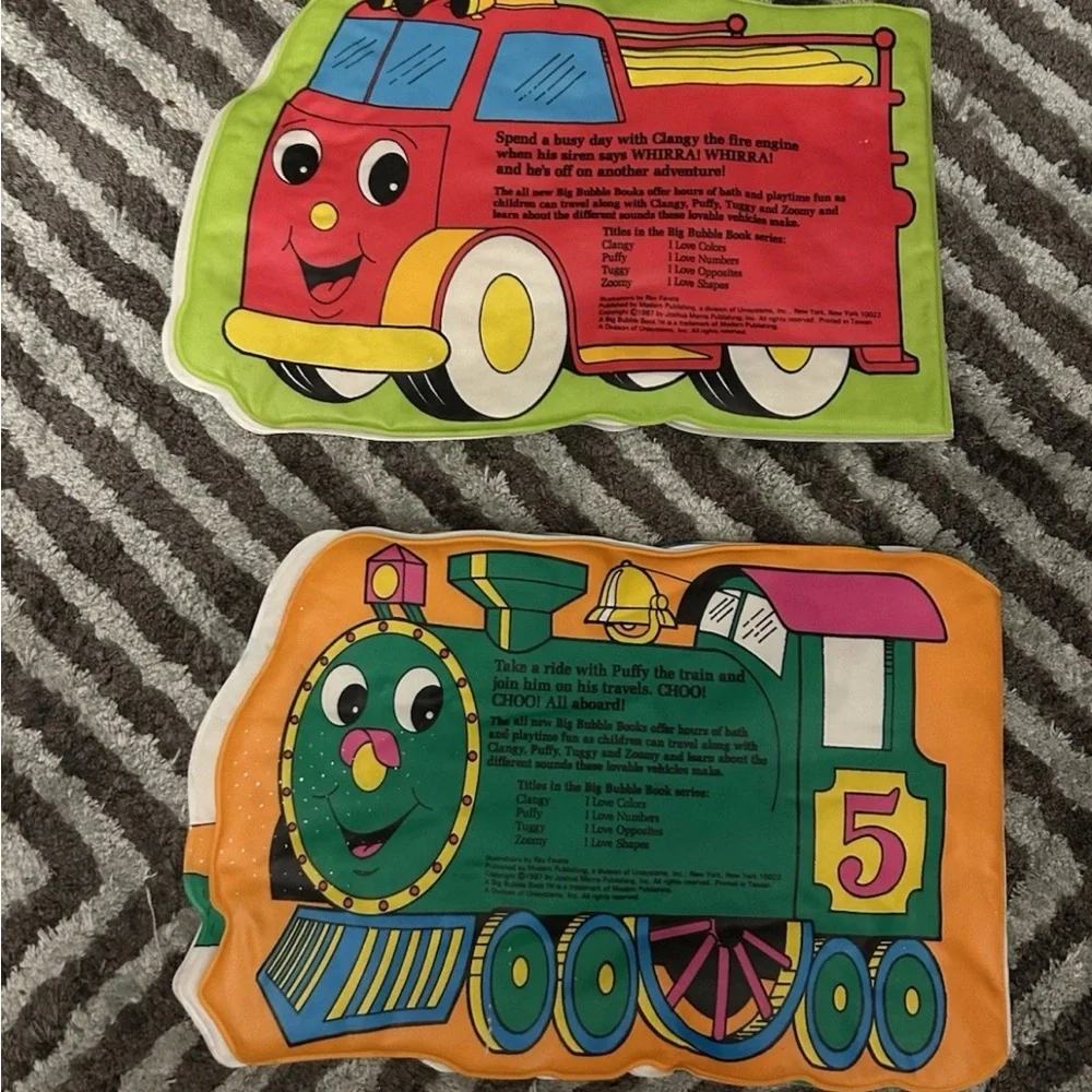 Bath books- vintage 1987 Clangy and Puffy - Colorful Soft Vehicles